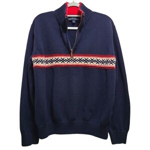 TOMMY HILFIGER Ski Sweater Navy Nordic Fair‎ Isle cotton 1/2 Zip lambs wool